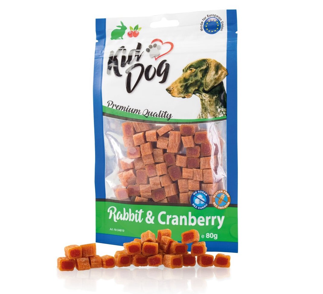 KIDDOG Mini kostičky s králíkem a brusinkami 80 g