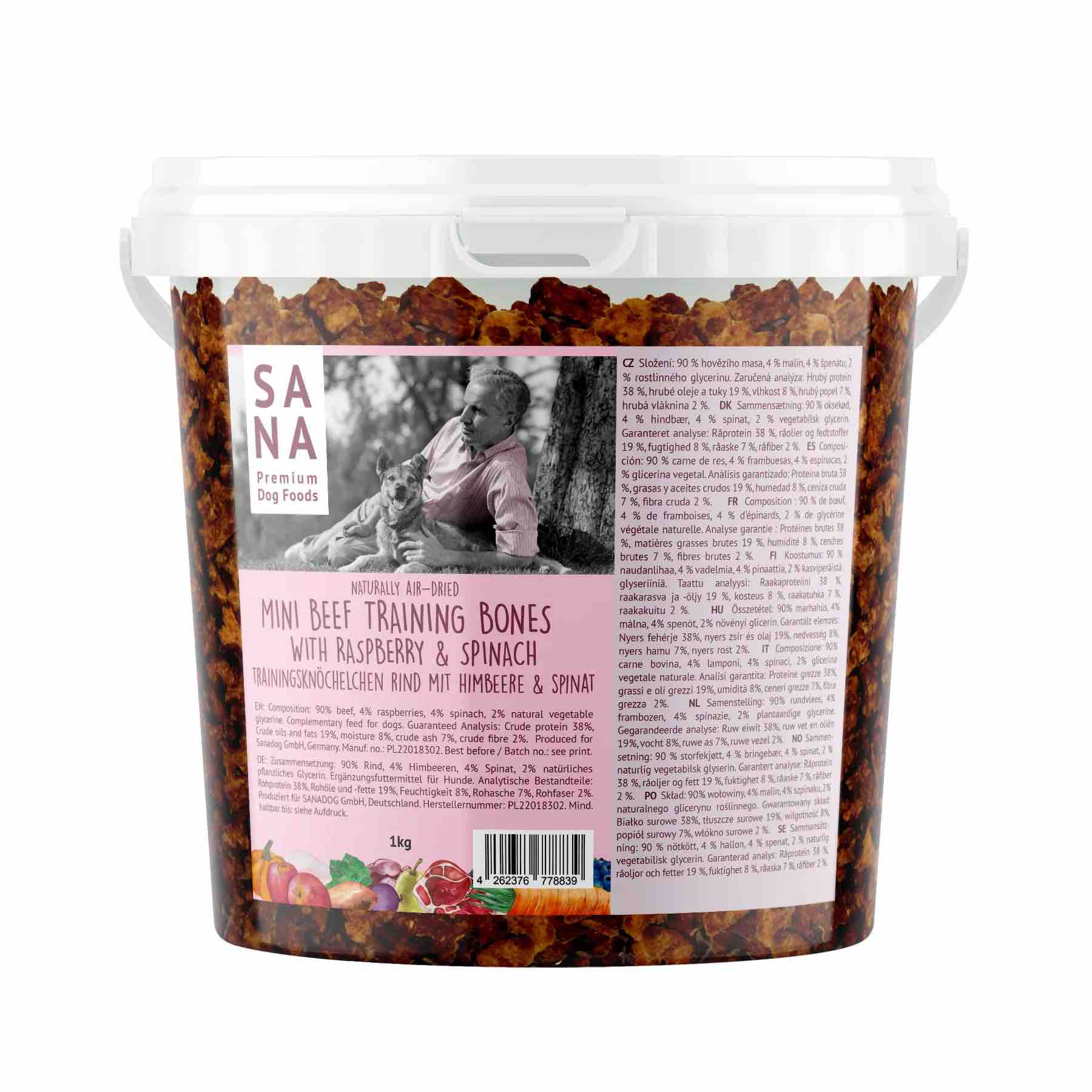 Hovězí mini pamlsky s malinami a špenátem (kyblík) 1 kg - SANA