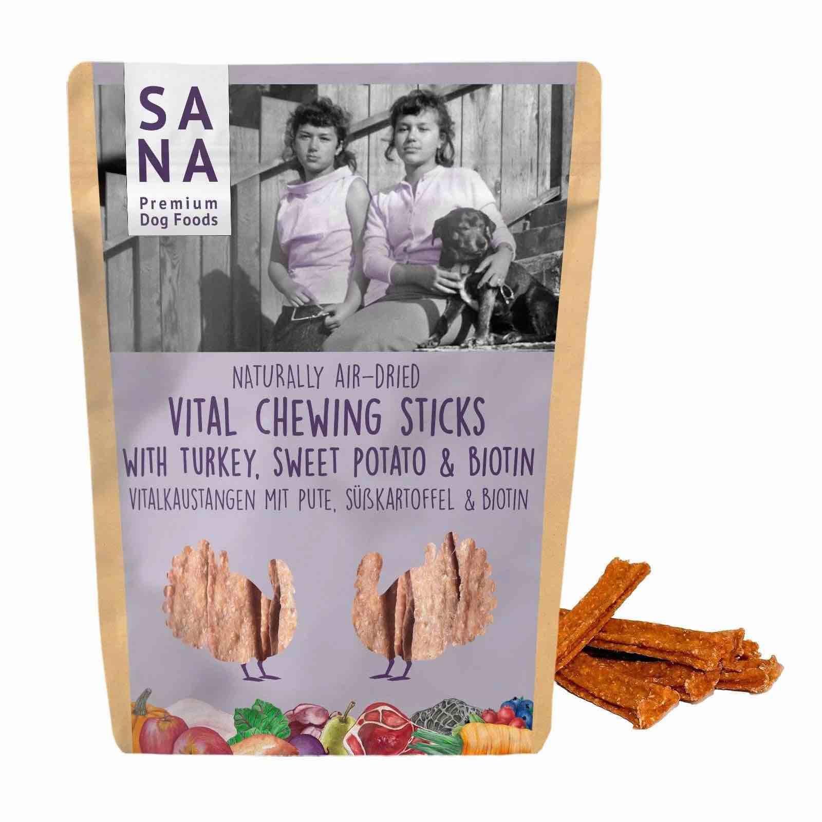 Vitalní žvýkací tyčinky s hovězím a krůtím masem, biotinem a lněným oleje 150 g - SANA