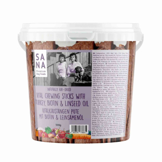 Vitalní žvýkací tyčinky s hovězím a krůtím masem, biotinem a lněným oleje (bucket) 500 g - SANA 