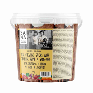 Vitální žvýkací tyčinky s hovězím a kuřecím masem, konopím a jogurtem (kyblík) 500 g - SANA
